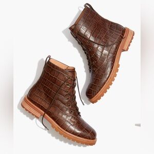 Madewell The Clair Lace-Up Boot in Croc Embossed Leather Womens 8